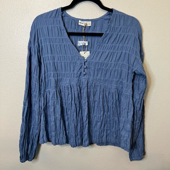 NWT New In Blue Long Sleeve Smocked Blouse Size S - Picture 1 of 5
